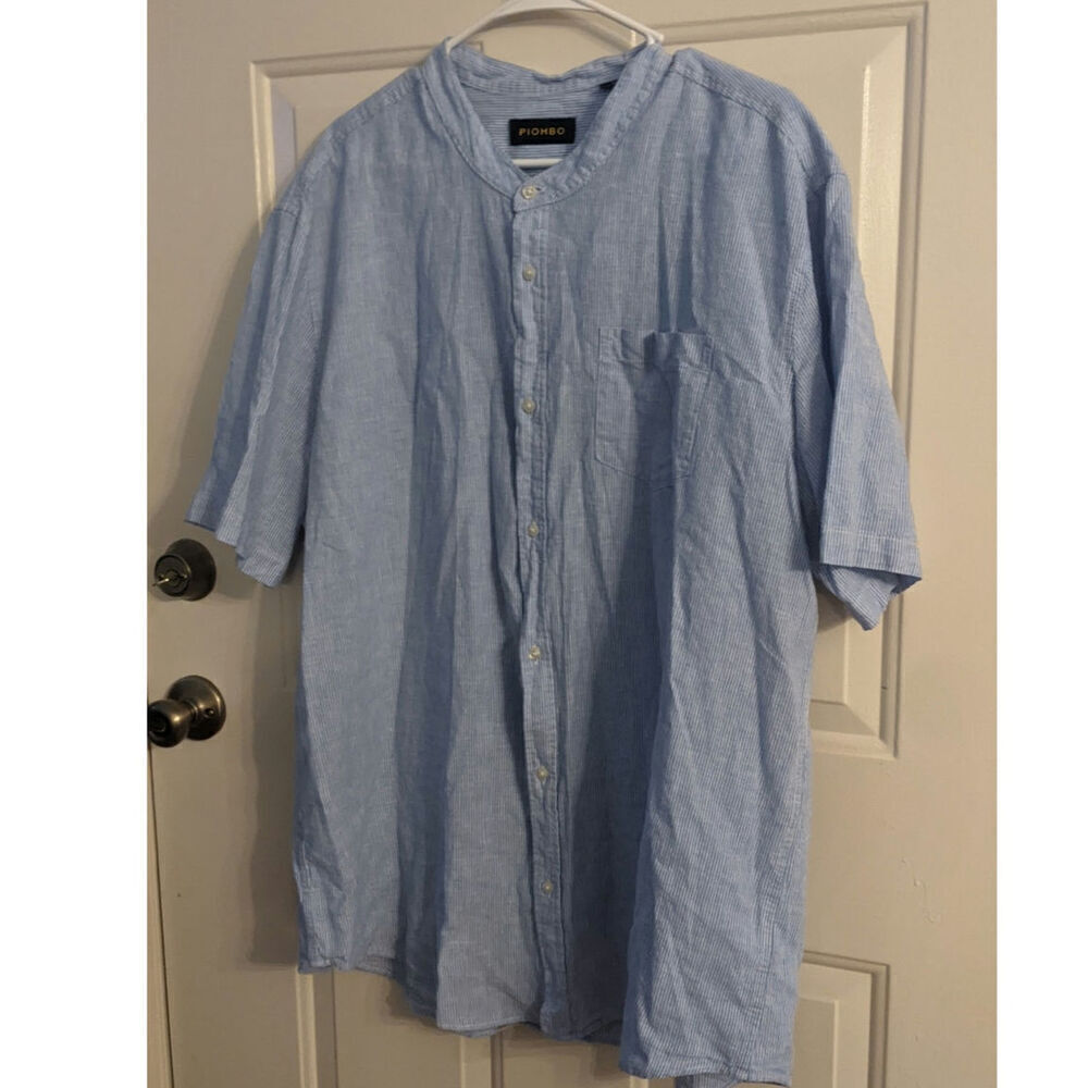 Piombo Italy Button Down Collarless Shirt, Blue & White Stripe, 4XL